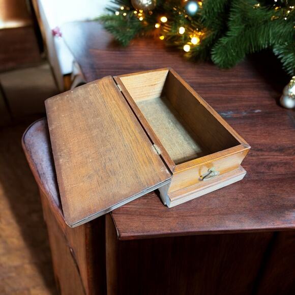 Vintage Solid Wood Casket Jewelry Box Hinged Lid Gothic Coffin Storage